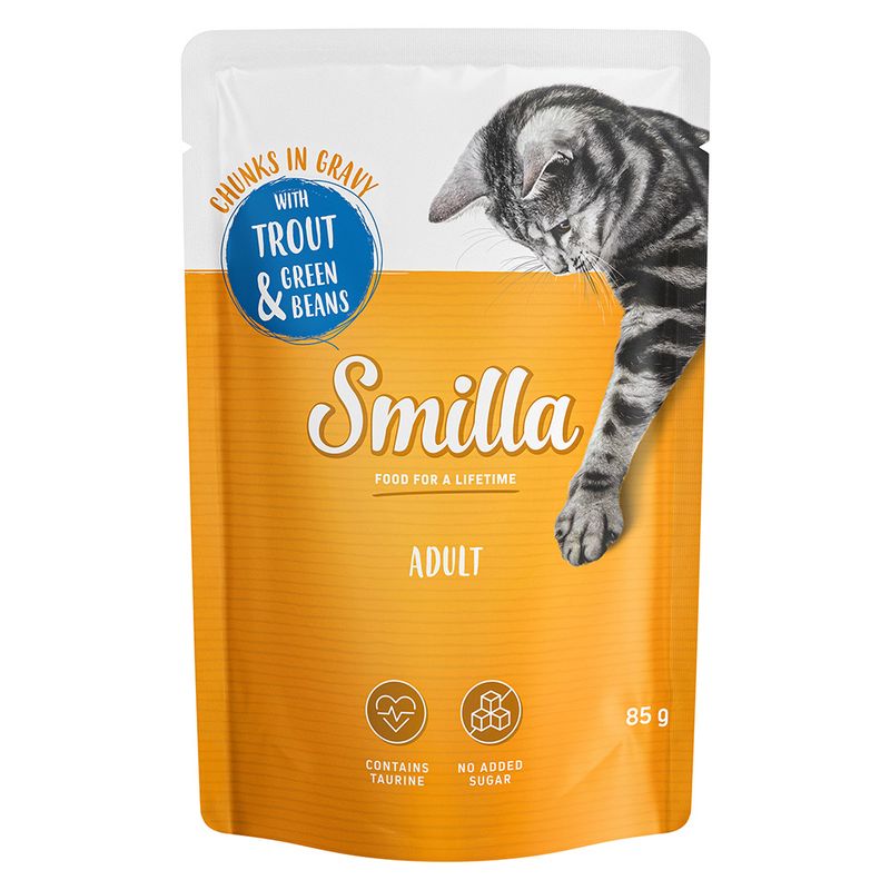 Smilla Adult cat food, chunks in gravy with trout and green beans, contains taurine, no added sugar, 85 g.