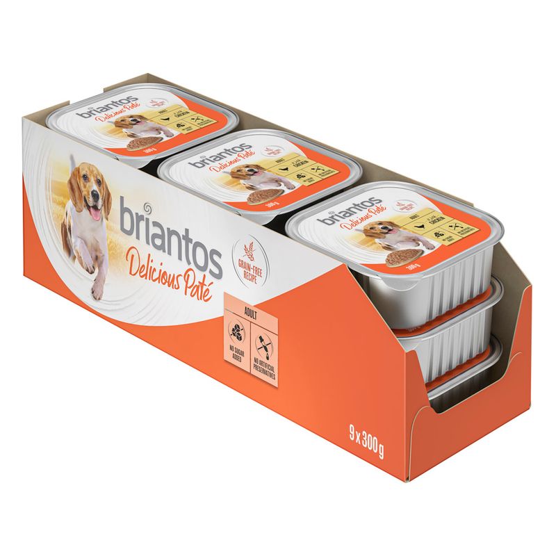 Briantos Delicious Paté, grain-free recipe, for adult dogs. Pack of 9 x 300 g trays. No added sugar or artificial preservatives.