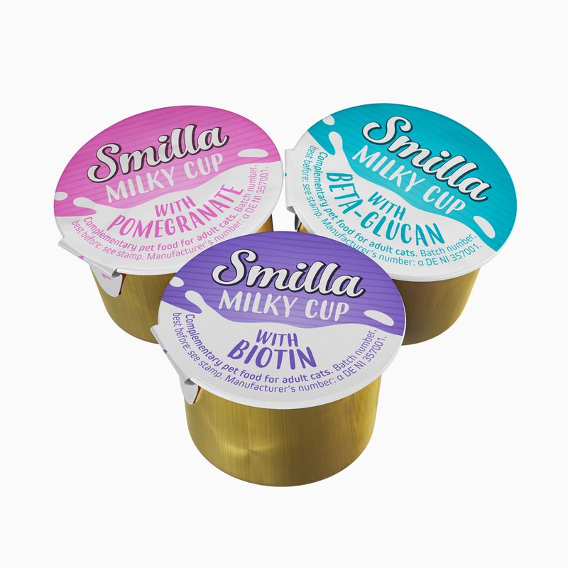 Smilla Milky Cup complementary food for adult cats. Varieties: pomegranate, beta-glucan, biotin. Manufacturer no.: DE NI 357001.