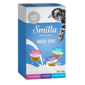 Smilla Milky Cups mixed pack, 25x15g. Varieties: 9x pomegranate, 8x biotin, 8x beta-glucan. Packaging shows cat and product images.