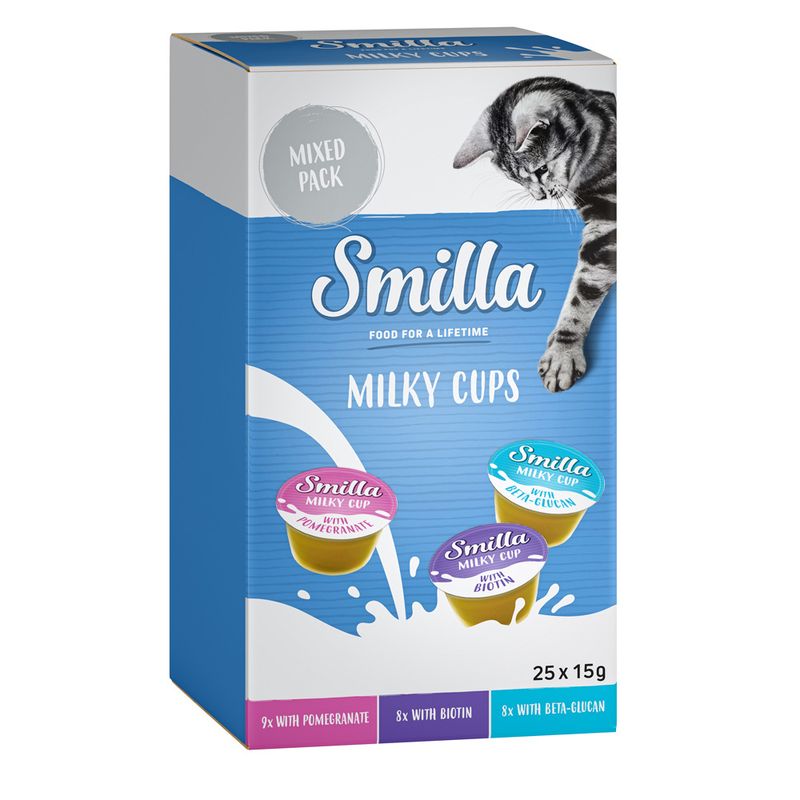 Smilla Milky Cups mixed pack, 25x15g. Varieties: 9x pomegranate, 8x biotin, 8x beta-glucan. Packaging shows cat and product images.