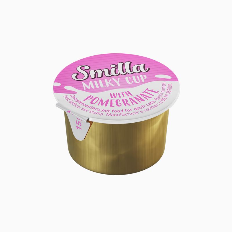 Smilla Milky Cup with pomegranate, complementary pet food for adult cats. Batch number and best before date on stamp. Manufacturer’s number: DE BW 357001.