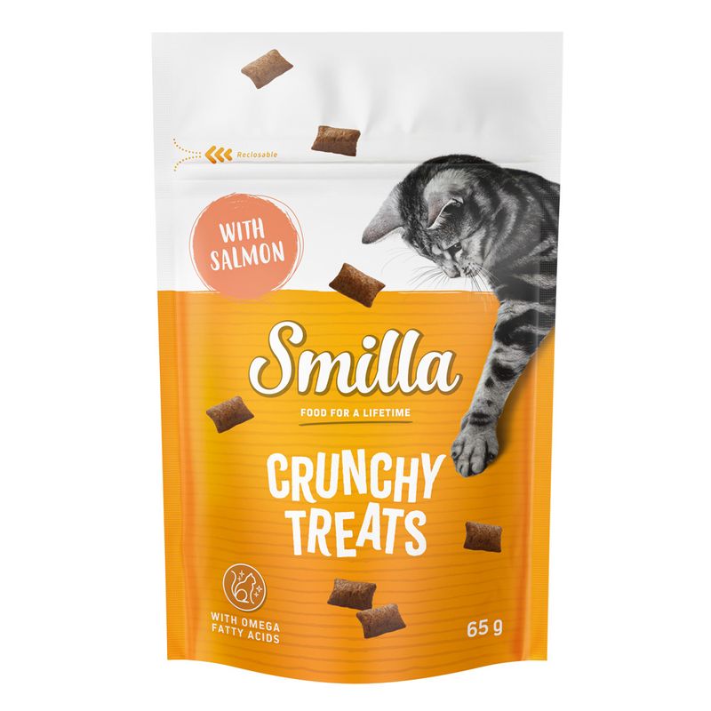 Smilla Crunchy Treats with salmon, 65 g. Contains omega fatty acids. Resealable packaging. Cat shown.