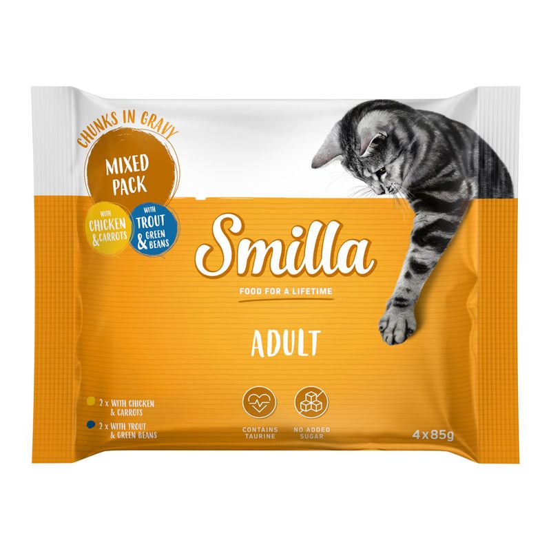 Smilla Adult Mixed Pack, chunks in gravy with chicken & carrots and trout & green beans. Contains taurine, no added sugar. Pack: 4 x 85g.