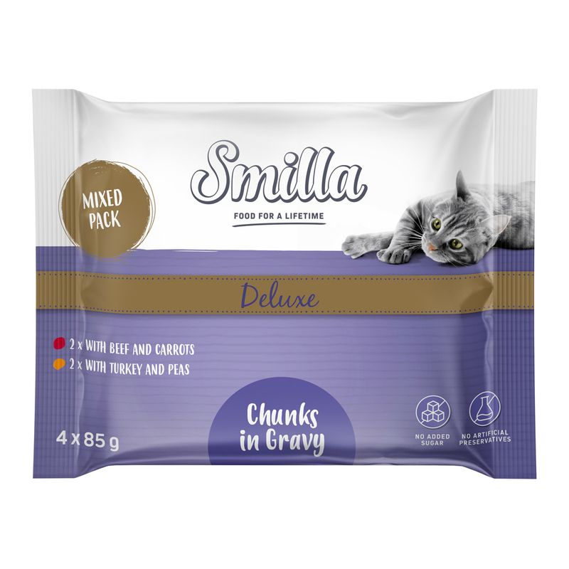 Smilla Deluxe Mixed Pack, chunks in gravy: 2x with beef and carrots, 2x with turkey and peas. No added sugar, no artificial preservatives. 4x85g.