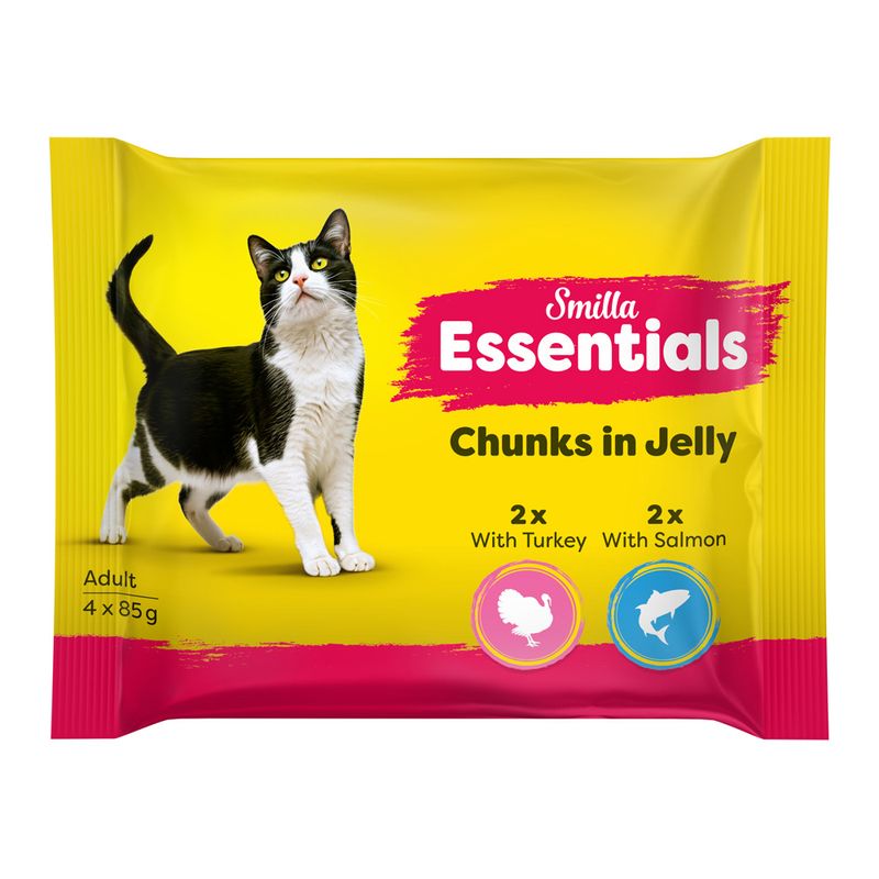 Smilla Essentials Chunks in Jelly, Adult, 4x85g. 2x with turkey, 2x with salmon.