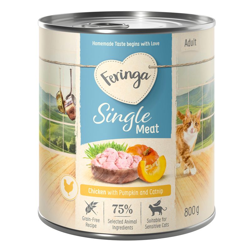 Feringa Single Meat Adult, Chicken with Pumpkin and Catnip, 75% selected animal ingredients, grain-free, suitable for sensitive cats, 800g can