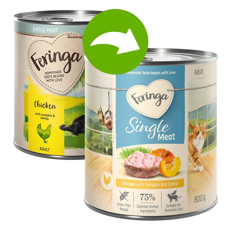 Feringa Single Meat Adult, Chicken with Pumpkin and Catnip, 800g can, 75% selected animal ingredients, grain-free, suitable for sensitive cats.