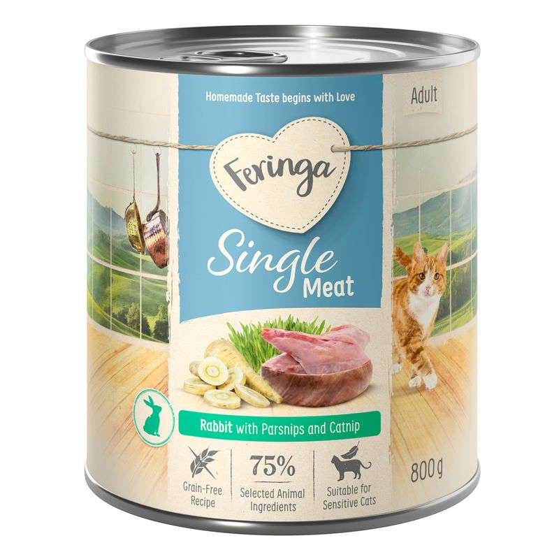 Feringa Single Meat Adult, Rabbit with Parsnips and Catnip, Grain-Free Recipe, 75% Selected Animal Ingredients, Suitable for Sensitive Cats, 800g can.