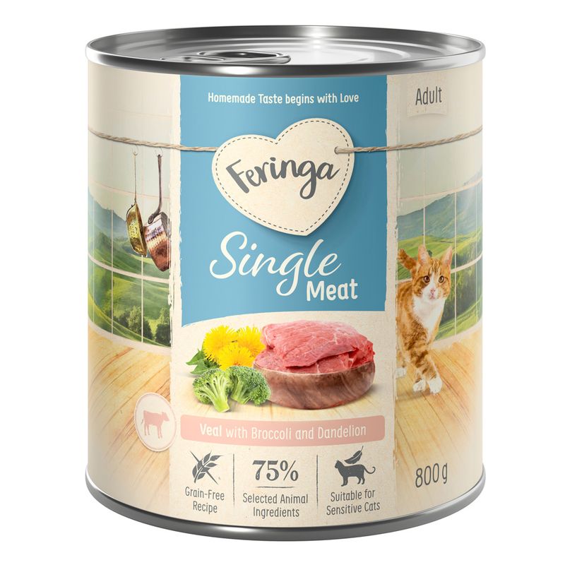 Feringa Single Meat Adult, Veal with Broccoli and Dandelion, Grain-Free Recipe, 75% Selected Animal Ingredients, Suitable for Sensitive Cats, 800g can.