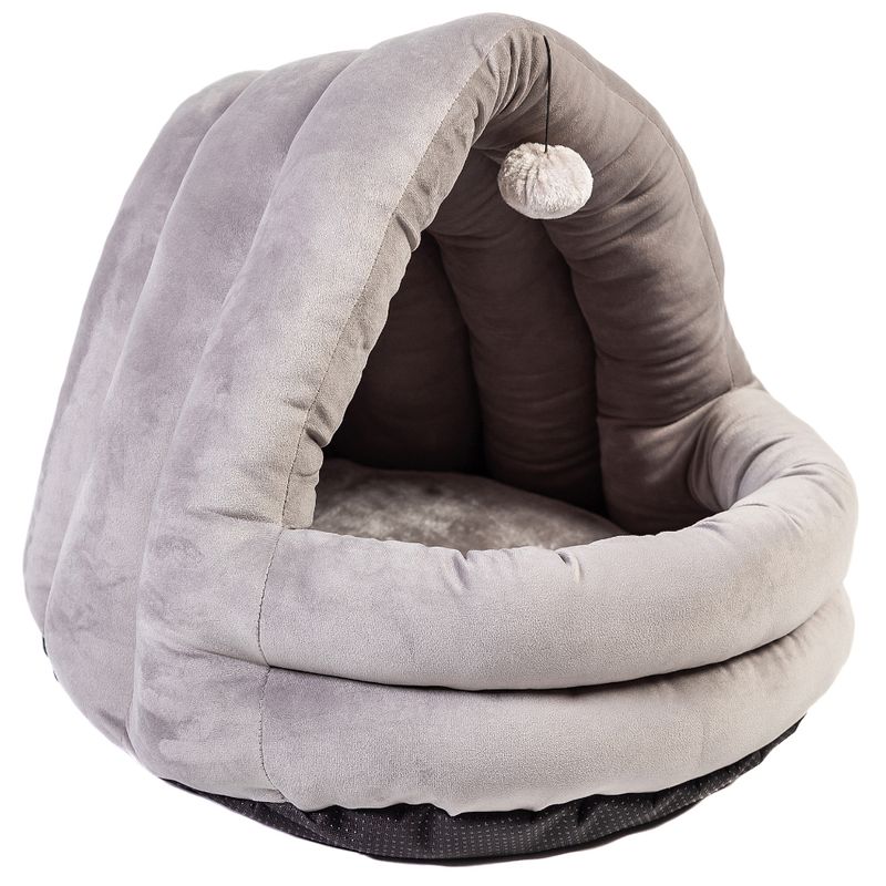 Grey, padded pet bed with cave design and hanging plush ball. Softly lined inside, non-slip underside.