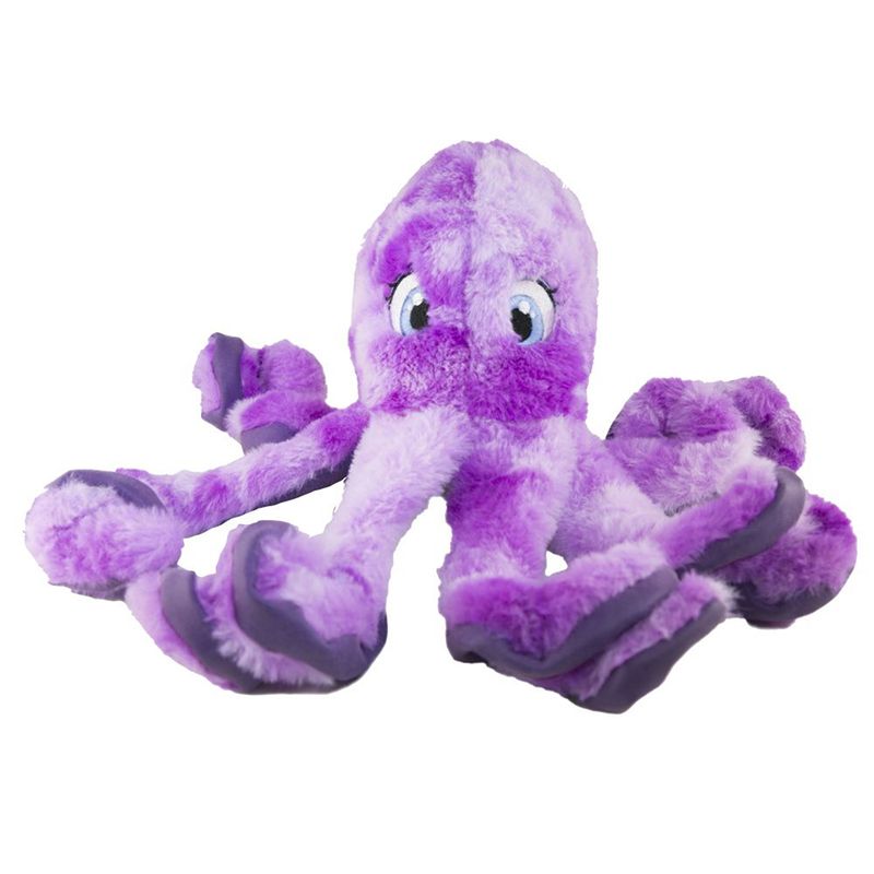 Purple plush octopus with large eyes and eight arms, suitable as a toy.