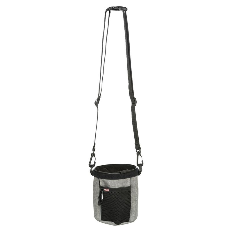 Grey treat bag with adjustable shoulder strap, mesh front pocket and carabiner. Suitable for on the go.