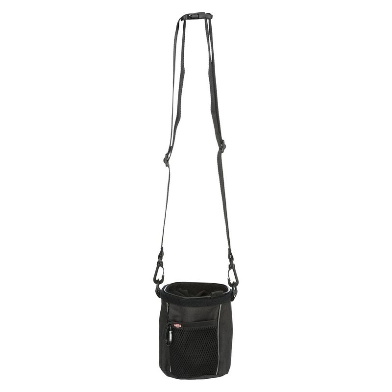 Black bag with adjustable shoulder strap, front mesh pocket and carabiner. Suitable for transport or storage.