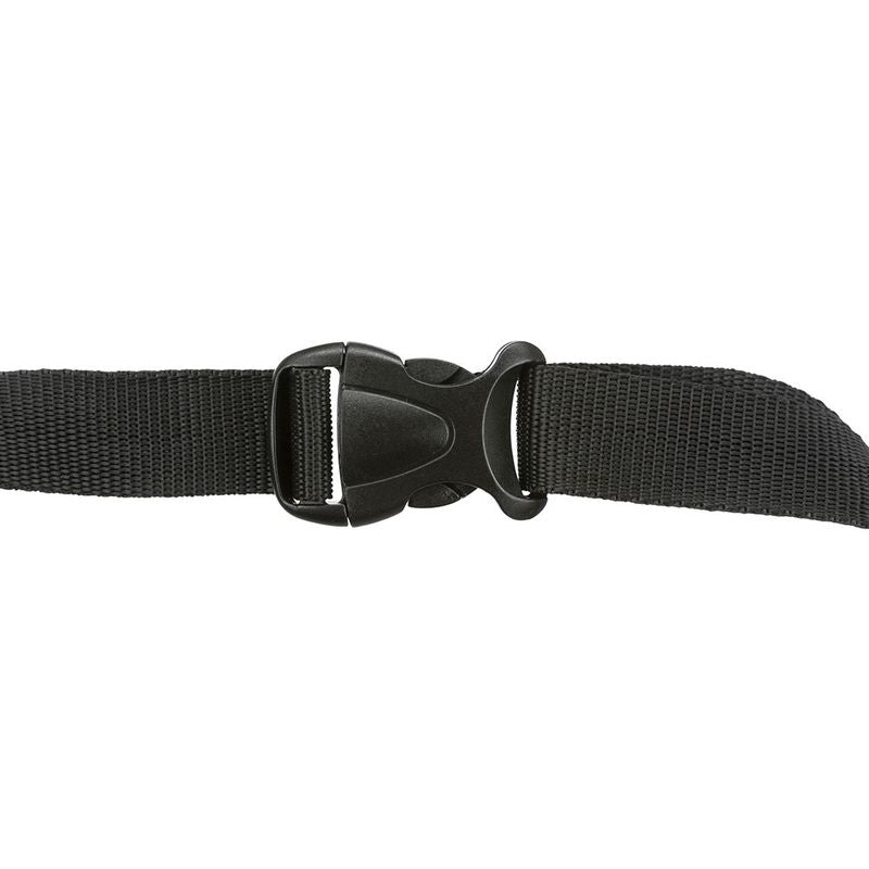 Black nylon strap with plastic buckle, suitable for secure fastening or closure.
