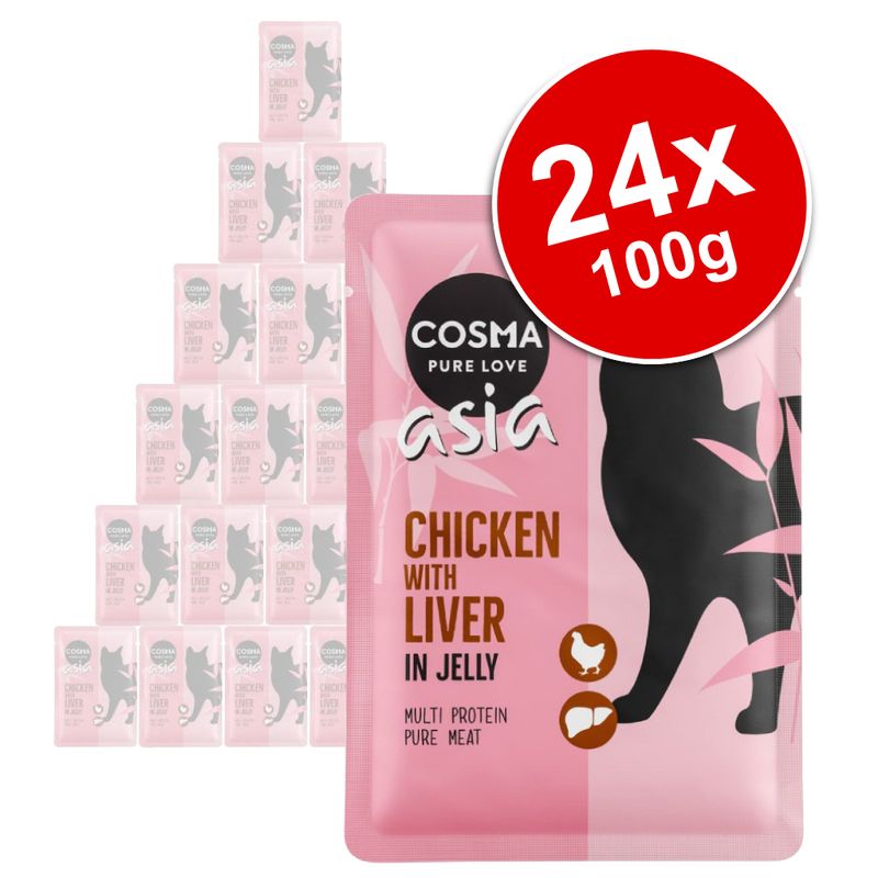 Cosma Pure Love Asia Chicken with Liver in Jelly, multi protein pure meat, 24 x 100g pouches visible. Large red badge shows '24x 100g'. Pink packaging with black cat silhouette.
