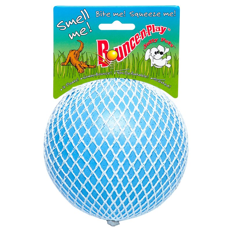 Bounce-n-Play Jolly Pets Ball, blue, floats, scented, non-inflatable. Text: Smell me! Bite me! Squeeze me!