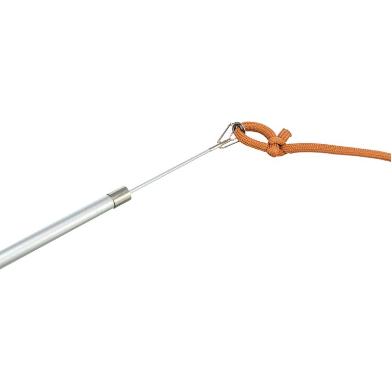 Silver metal rod with wire and orange cord, connected by a carabiner.