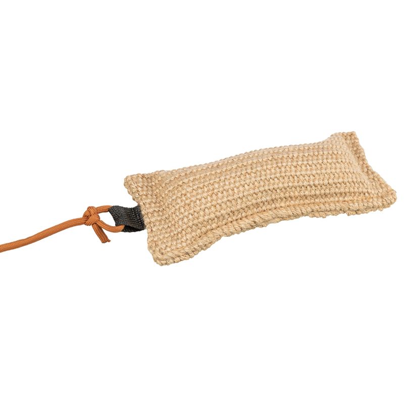 Toy made of braided natural material with orange cord and black handle.