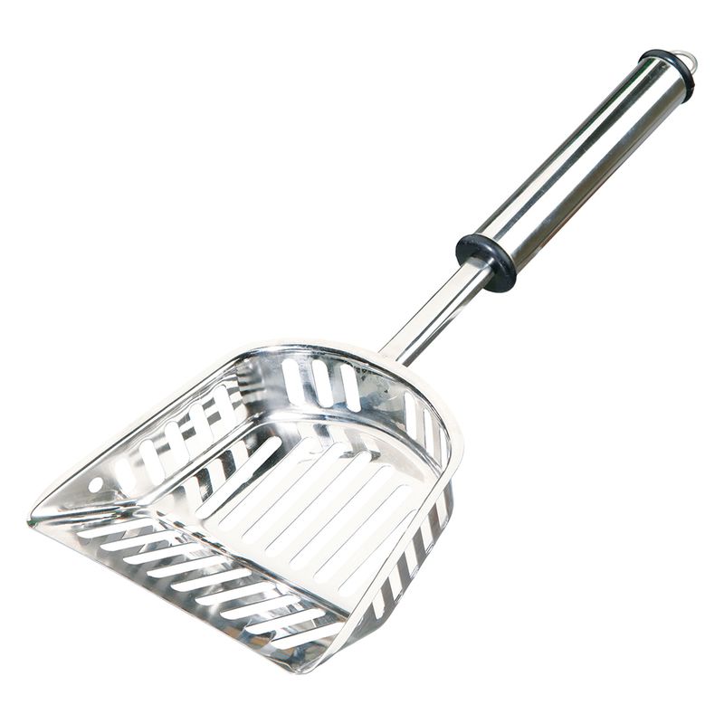 Metal scoop with handle and slots, suitable for sifting or removing cat litter.