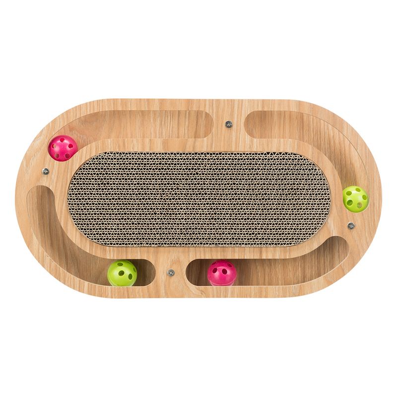 Wooden toy with oval shape, integrated cardboard scratching board and colourful balls in tracks.