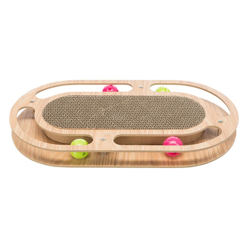 Wooden toy with oval shape, cardboard scratching surface in the centre and colourful balls in side tracks.
