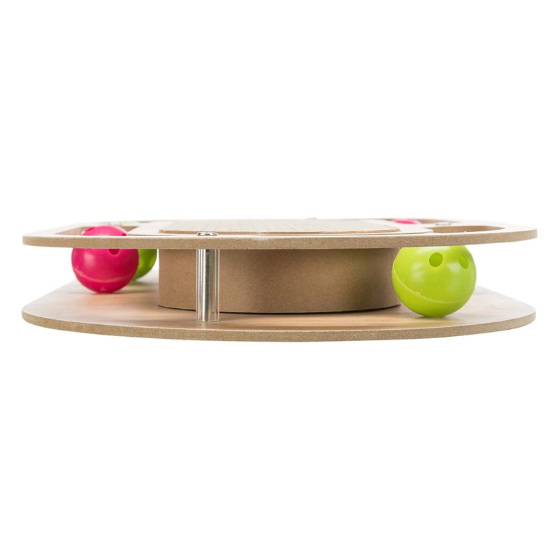 Wooden toy with two levels and colourful balls, green and pink, visible between the layers. Suitable for interactive play.