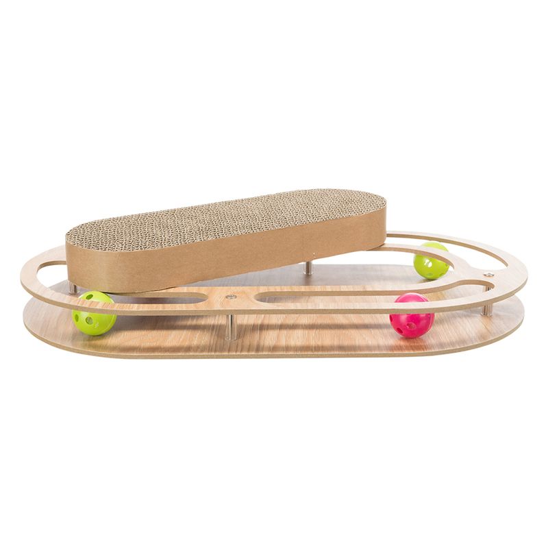 Wooden toy with oval track, three colourful balls and cardboard scratching surface in the centre.