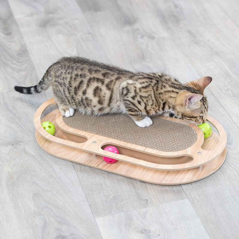 Wooden cat toy with scratching surface and integrated tracks for colourful balls. Cat actively playing with green ball.