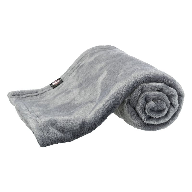 Grey, soft blanket made of plush material, rolled up with visible label.