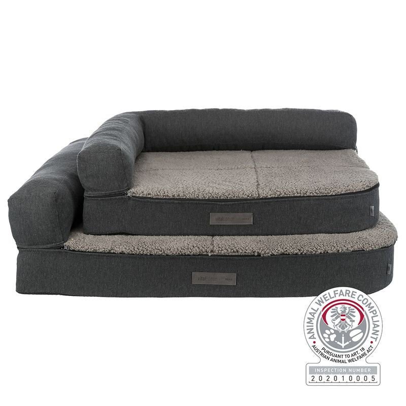 Grey pet bed with soft lying surface and raised edge. Certificate: Animal Welfare Compliant, inspection number 202010005.