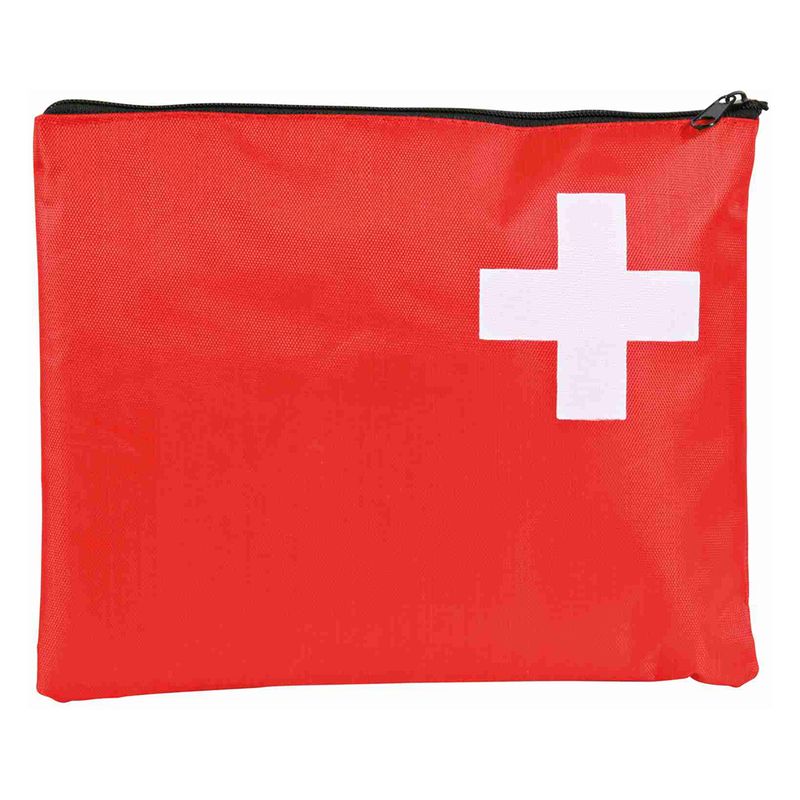 Red bag with white cross, zip at the top. Symbol for first aid kit.
