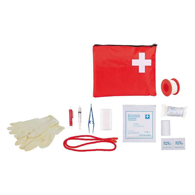 First aid kit with red bag, gloves, tweezers, syringes, bandages, compresses, alcohol pads and adhesive tape.