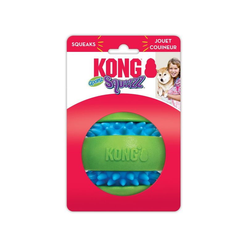 KONG Squeezz dog toy, green and blue, squeaking. Packaging with product name and description: Squeaks, Jouet Couineur.