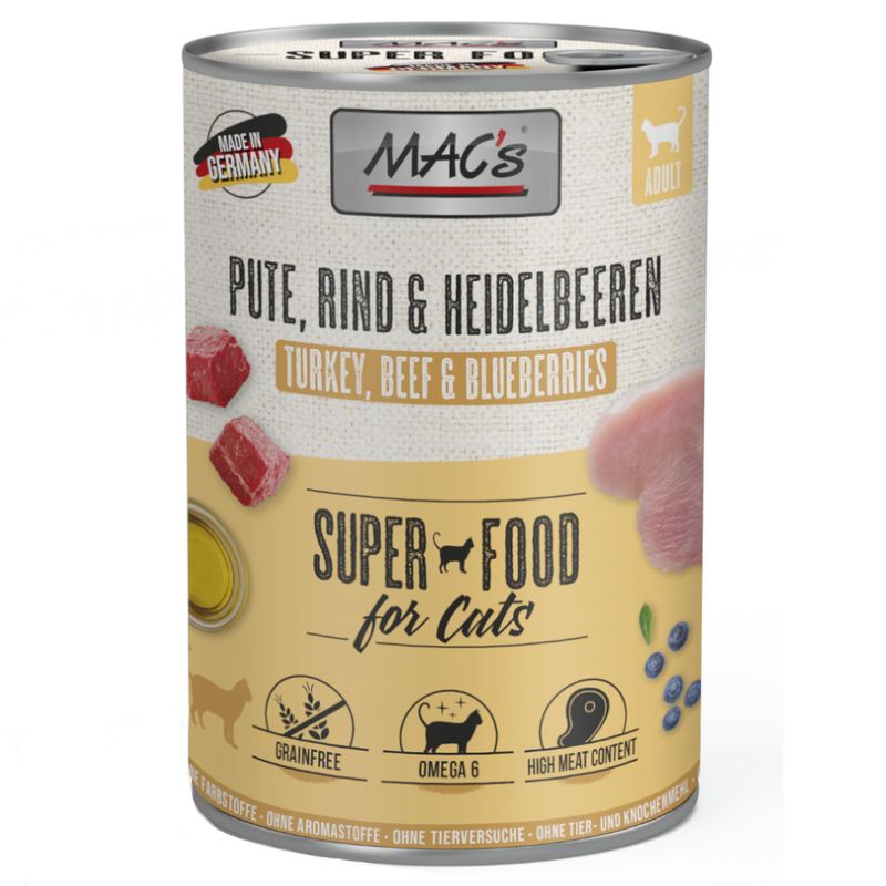 MAC's Super Food for cats, turkey, beef & blueberries. Made in Germany, grain-free, Omega 6, high meat content. No colourants, flavourings, animal testing, animal or bone meal.