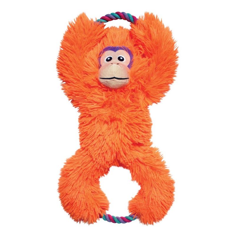 Plush toy in orangutan shape with orange fur and two colourful rope rings on hands and feet.