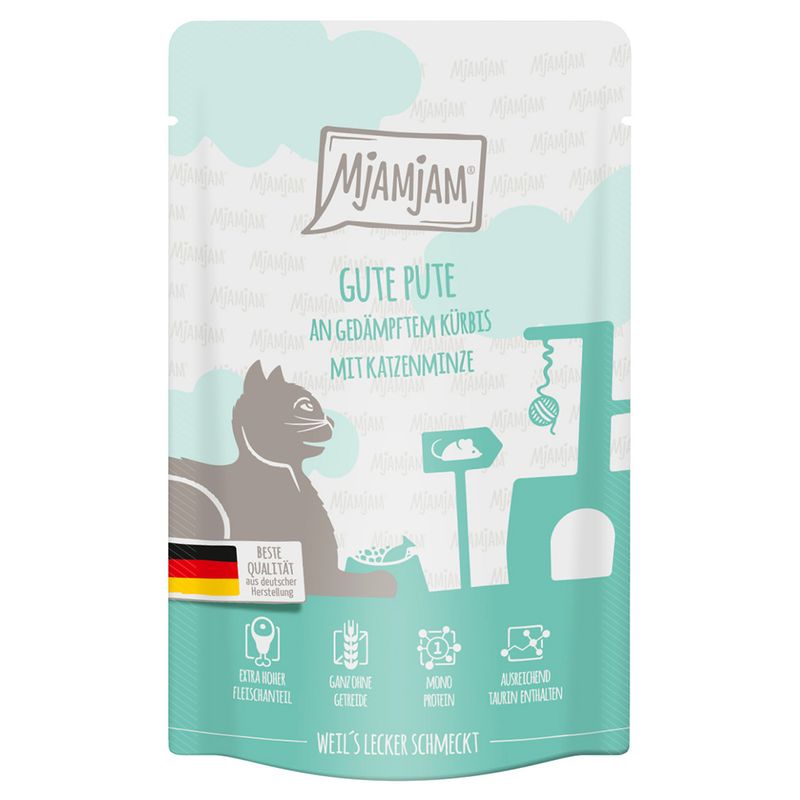 MjAMjAM Good turkey with steamed pumpkin and catnip. Top quality from German production, extra high meat content, grain-free, single protein, sufficient taurine included.