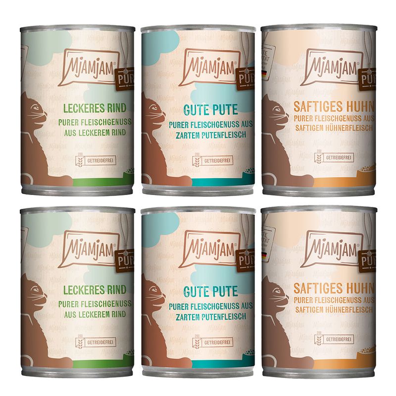 MjAMjAM wet food for cats: tasty beef, good turkey, juicy chicken. Grain-free, pure meat enjoyment from high-quality meat.