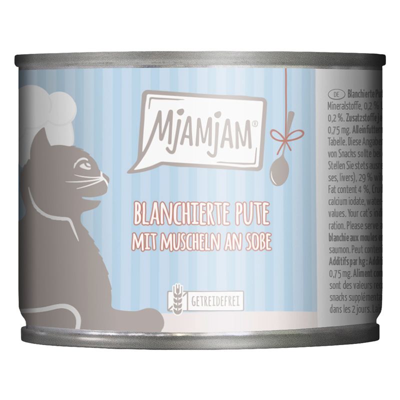 Mjamjam cat food, blanched turkey with mussels in sauce, grain-free. Tin with visible ingredients and feeding instructions.