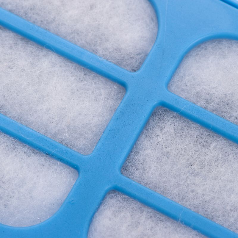 Close-up of a blue filter with white felt material, suitable for air or water purification systems.
