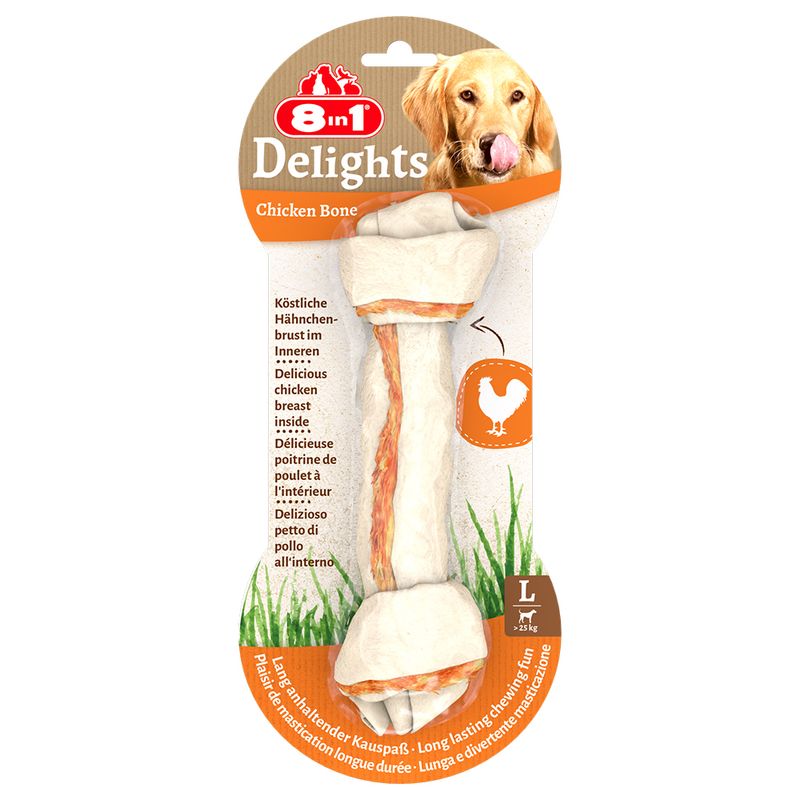 8in1 Delights Chicken Bone. Delicious chicken breast inside. Long-lasting chewing fun. Size L, suitable for dogs over 25kg.