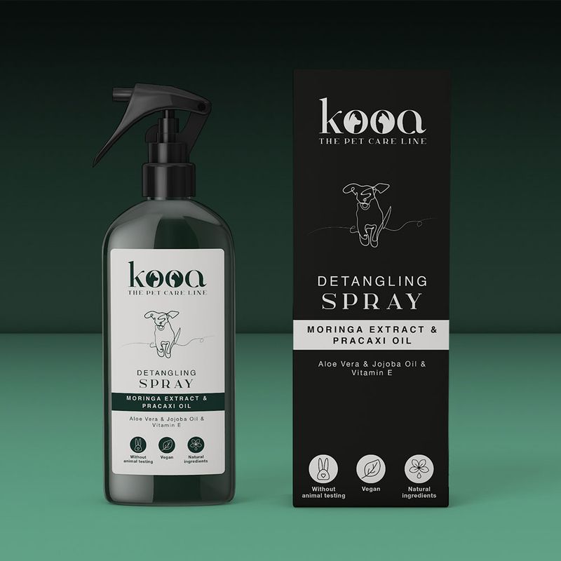 kooa Detangling Spray with moringa extract and pracaxi oil. Contains aloe vera, jojoba oil and vitamin E. Cruelty-free, vegan, natural ingredients.