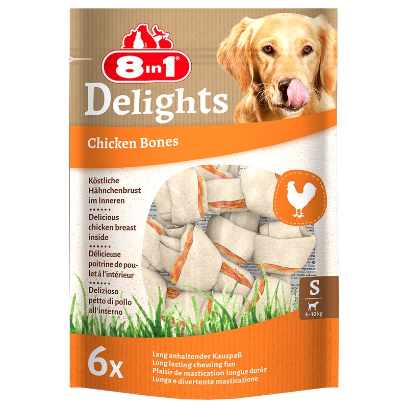 8in1 Delights Chicken Bones, delicious chicken breast inside, long-lasting chewing fun, pack of 6, size S for dogs 5-10kg.