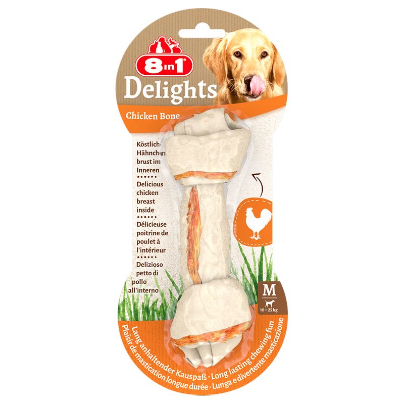 8in1 Delights Chicken Bone, delicious chicken breast inside, long-lasting chewing fun. Size M for dogs 10-25kg.