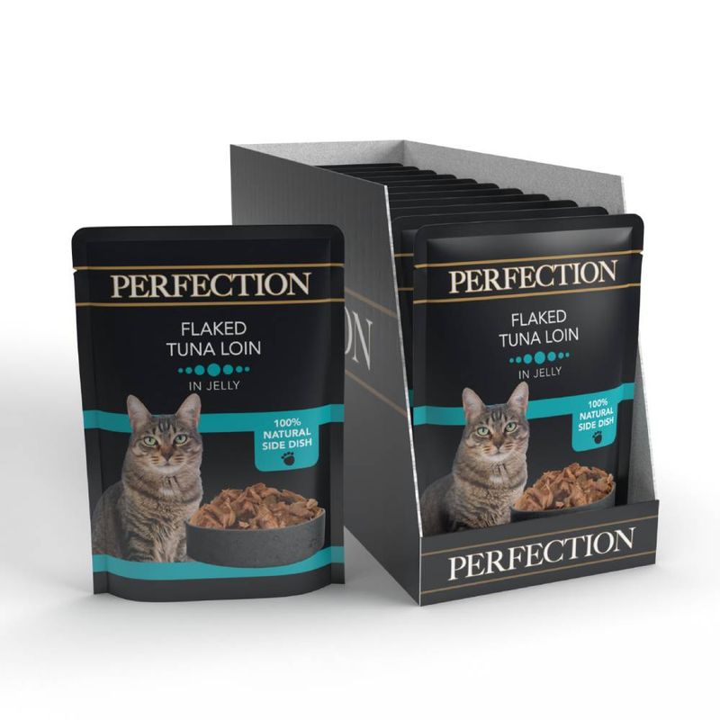 Perfection flaked tuna loin in jelly, 100% natural side dish, shown in individual pouches and a display box with product image and text visible on packaging.