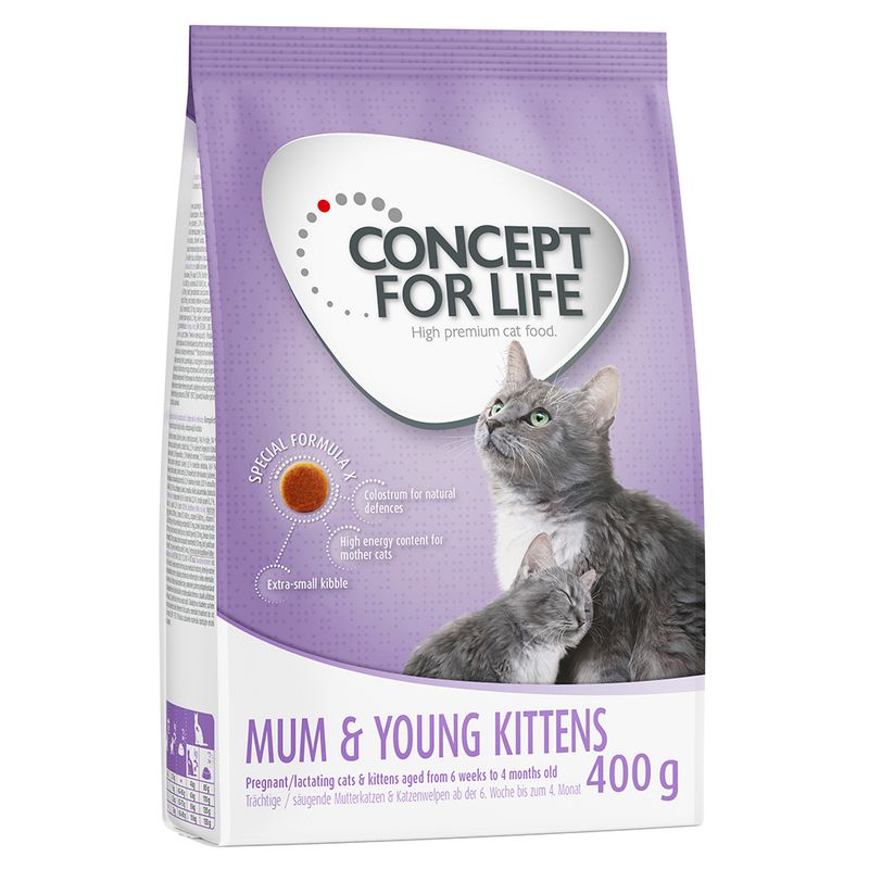 Concept for Life Mum & Young Kittens, 400 g. Special formula with colostrum for natural defences and extra small kibbles. For pregnant/lactating cats and kittens from 6 weeks to 4 months.