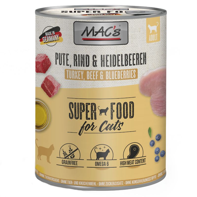 Mac's Super Food for Cats, turkey, beef and blueberries. Made in Germany. Grain free, omega 6, high meat content. No animal or bone meal, no added sugar, no preservatives.