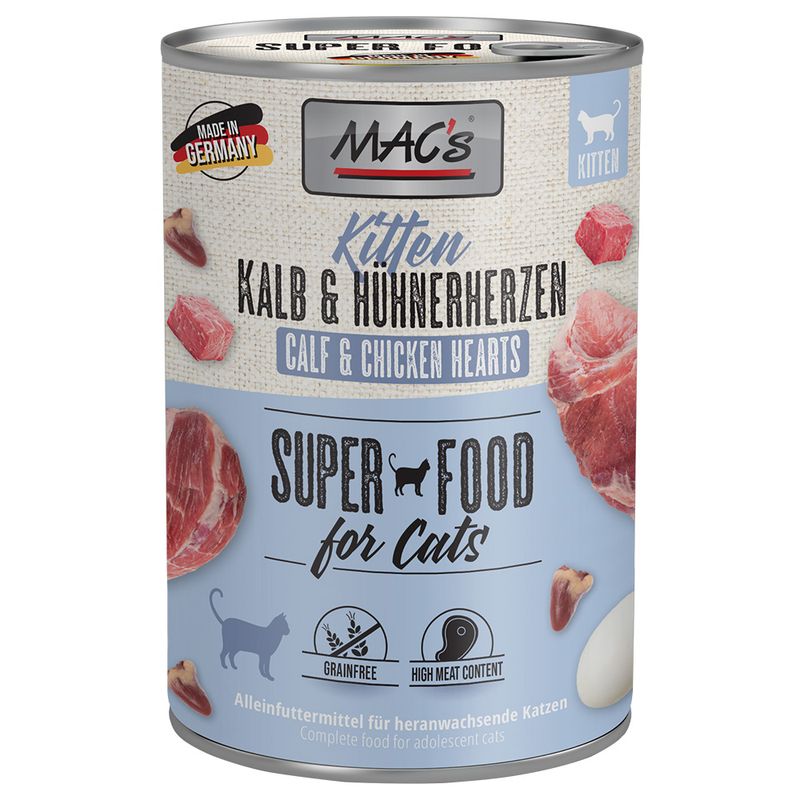 MAC's Kitten Veal & Chicken Hearts. Made in Germany. Super food for cats. Grain-free, high meat content. Complete food for growing cats.
