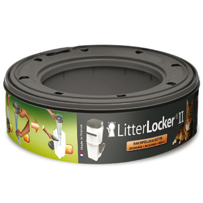 LitterLocker II refill cassette, Made in France. Instructions show step-by-step use with cat litter disposal system.