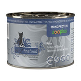Catz Finefood can with turkey, monoprotein, grain-free, no animal testing, 98% meat and cooking liquid. logo visible.